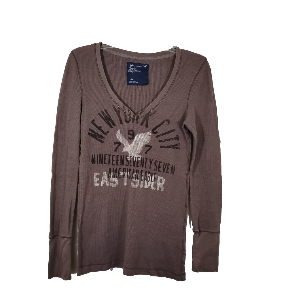 American Eagle Outfitters Top Ribbed Brown Long Sleeve